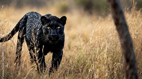 A beautiful black leopard walking in a forest
