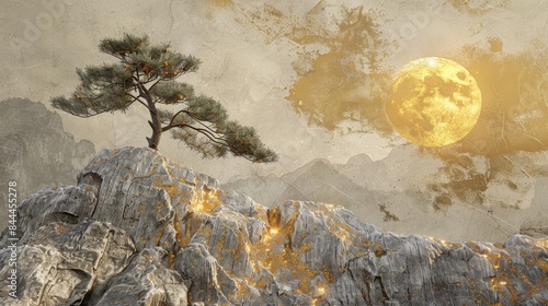A painting of a tree with a gold moon in the sky