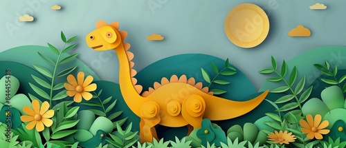 cute paper cut style illustration, Dinosaur in ancient time forest © QuietWord