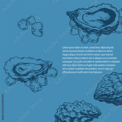 Seafood menu template with oysters and ice cubes. Hand drawn vector sketch for Advertising poster with copy space for text. Engraving imitation, woodcut, etching style.