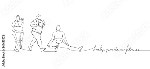 body positive fitness set one line art. Continuous line drawing of body positive, overweight, plus size model, XL, health, fashion, self acceptance with inscription, lettering, handwritten.