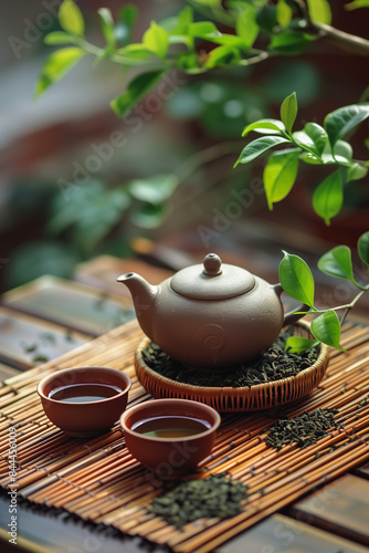 Asian traditional tea ceremony. A small brown clay teapot and two small bowls of tea stand on a bamboo mat. Meditative calm atmosphere.
