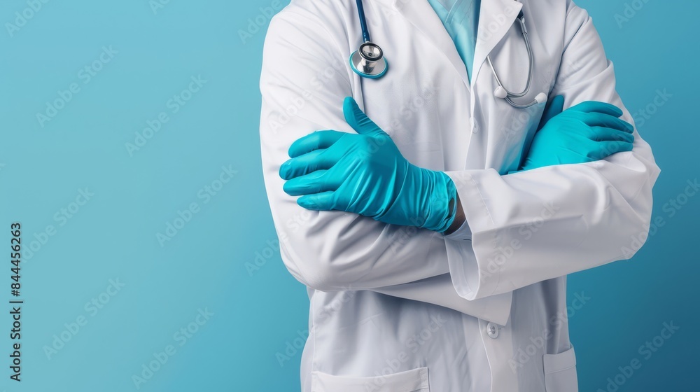A medical healthcare professional at work is wearing white lab coat, stethoscope and surgical gloves. Emergency Care, Healthcare, Insurance and Wellness A medical healthcare professional at work is wearing white lab coat, stethoscope and surgical gloves. Emergency Care, Healthcare, Insurance and Wellness