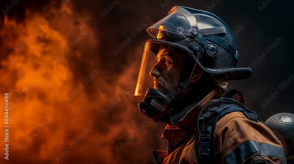 Firefighter in Gear Facing Flames at Night Firefighter in Gear Facing Flames at Night