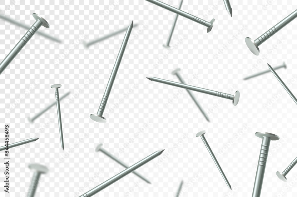 Flying metal nails, isolated on transparent background. Many silver falling nails. ?onstruction, repair tools. Steel chrome nails, grey instruments minimalist concept. Flying metal nails, isolated on transparent background. Many silver falling nails. ?onstruction, repair tools. Steel chrome nails, grey instruments minimalist concept.
