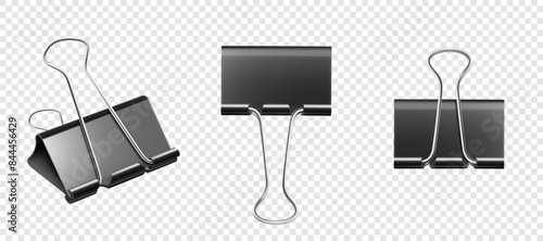 Paper clips set. Black paper metal clip. Steel office supplies, paper holder isolated on transparent background. Realistic 3d vector illustration