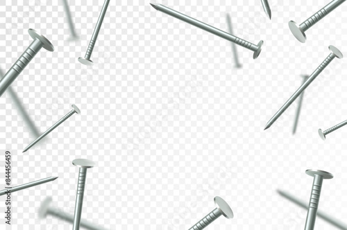 Flying metal nails, isolated on transparent background. Many silver falling nails. ?onstruction, repair tools. Steel chrome nails, grey instruments minimalist concept.