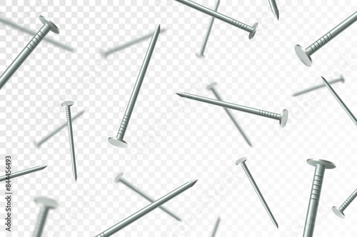 Flying metal nails, isolated on transparent background. Many silver falling nails. ?onstruction, repair tools. Steel chrome nails, grey instruments minimalist concept.