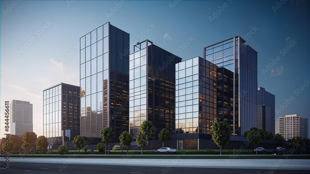 Fototapeta premium Commercial real estate development project, large multi-story office buildings in the city, image of developers and investors planning office buildings,