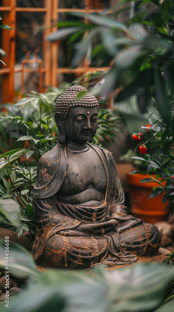 An ancient bronze small statue of a seated Buddha. Buddhist temple garden, many tropical plants, greenhouse. Soft light, calm atmosphere. Concept of meditation, mindfulness, relax. An ancient bronze small statue of a seated Buddha. Buddhist temple garden, many tropical plants, greenhouse. Soft light, calm atmosphere. Concept of meditation, mindfulness, relax.