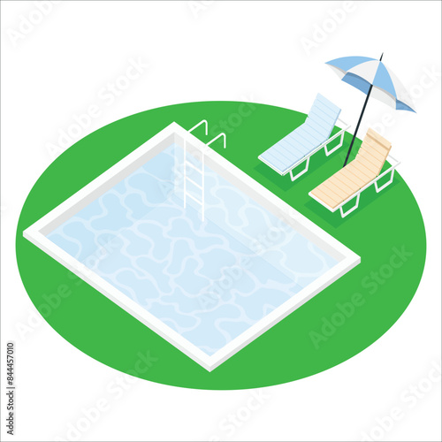Swimming pool of top view. swimming pool and outdoor furniture top view for design. square pool. Chairs, sunbeds, umbrellas. Outdoor elements isolated on white. 2227
