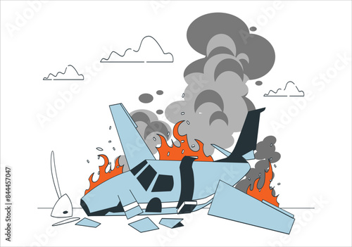 Plane or Air Crash. Burning falling plane. The plane crashed to the ground. Decorated with toy at dark fire background. Air accident concept. A passenger plane crashed on the ground in field. 2229
