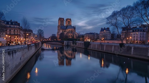 Wallpaper Mural a serene river flows through a cityscape, flanked by leafless trees and white buildings, under a clear blue sky Torontodigital.ca