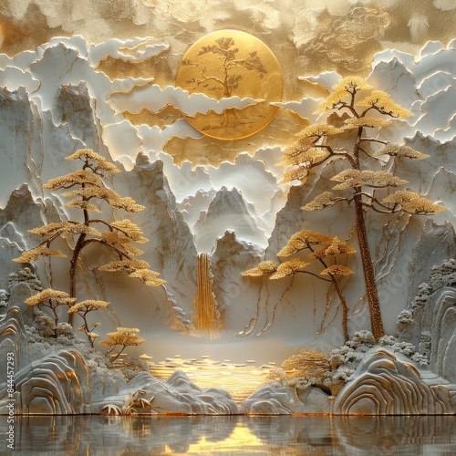 A painting of a tree with a gold moon in the sky