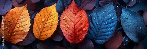 banner background beautiful top view colorful autumn foliage leaves in red purple orange tone color photo