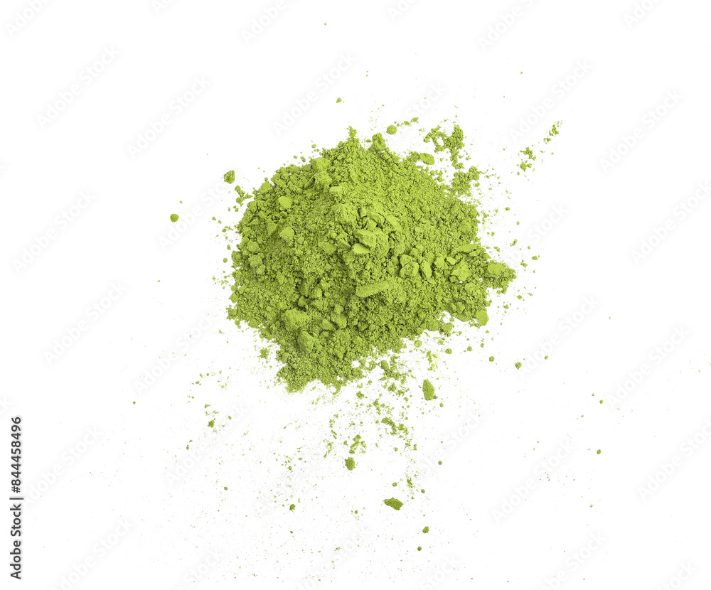 Pile of green matcha powder isolated on transparen png, top view Pile of green matcha powder isolated on transparen png, top view
