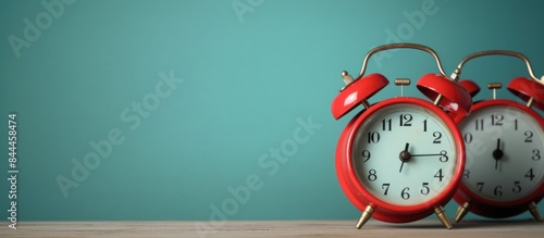 Red vintage alarm clock on wooden table and wall photo