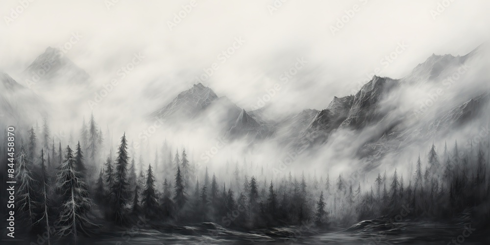 charcoal pencil drawing paint sketch of mountains cowered in mist with forest trees. Nature outdoor adventure travel landscape background scene view charcoal pencil drawing paint sketch of mountains cowered in mist with forest trees. Nature outdoor adventure travel landscape background scene view