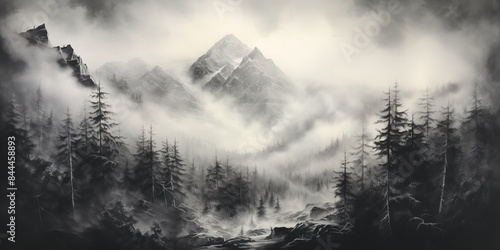 charcoal pencil drawing paint sketch of mountains cowered in mist with forest trees. Nature outdoor adventure travel landscape background scene view photo