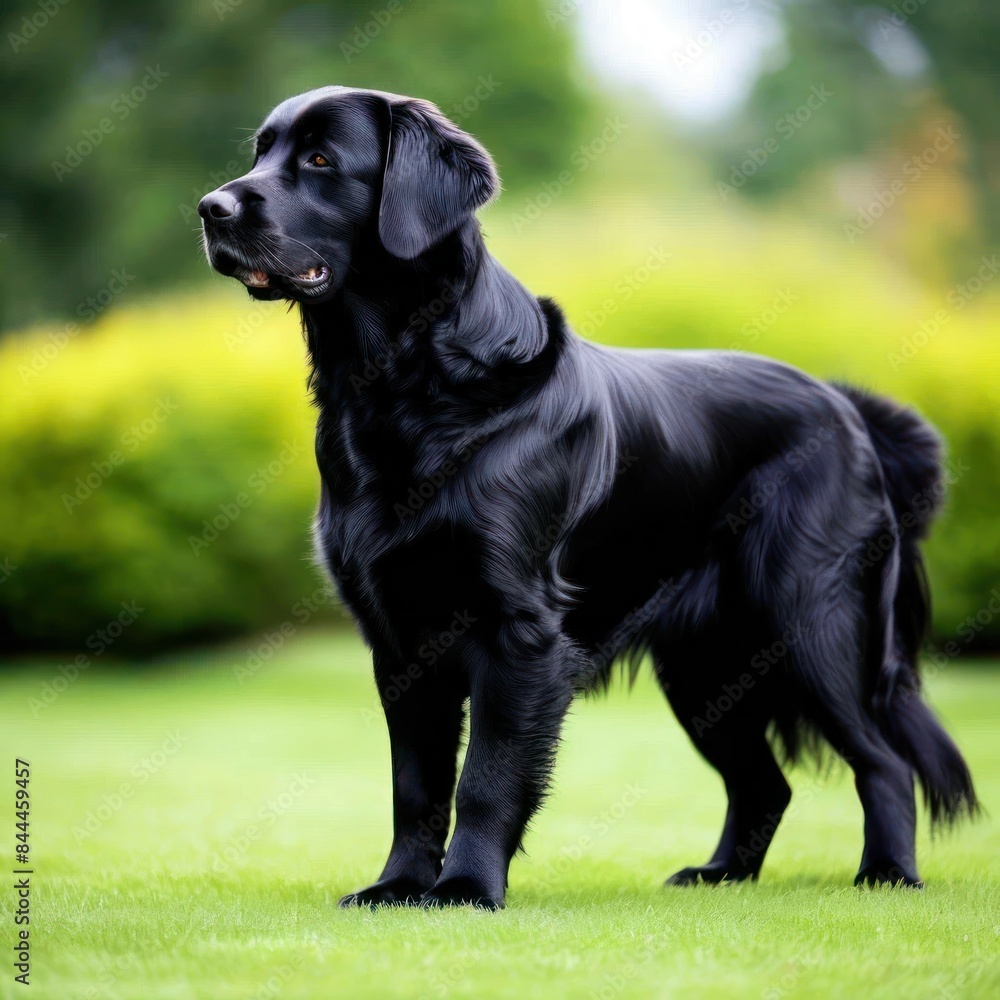 A black Retriever standing in a bright garden, an image generated by artificial intelligence A black Retriever standing in a bright garden, an image generated by artificial intelligence