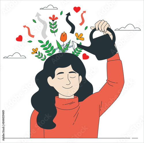 Thinking positive as a mindset. Woman watering plants that symbolize happy thoughts. Personal growth, Self-improvement and Self development concepts. woman watering plant growing from the brain. 2235
