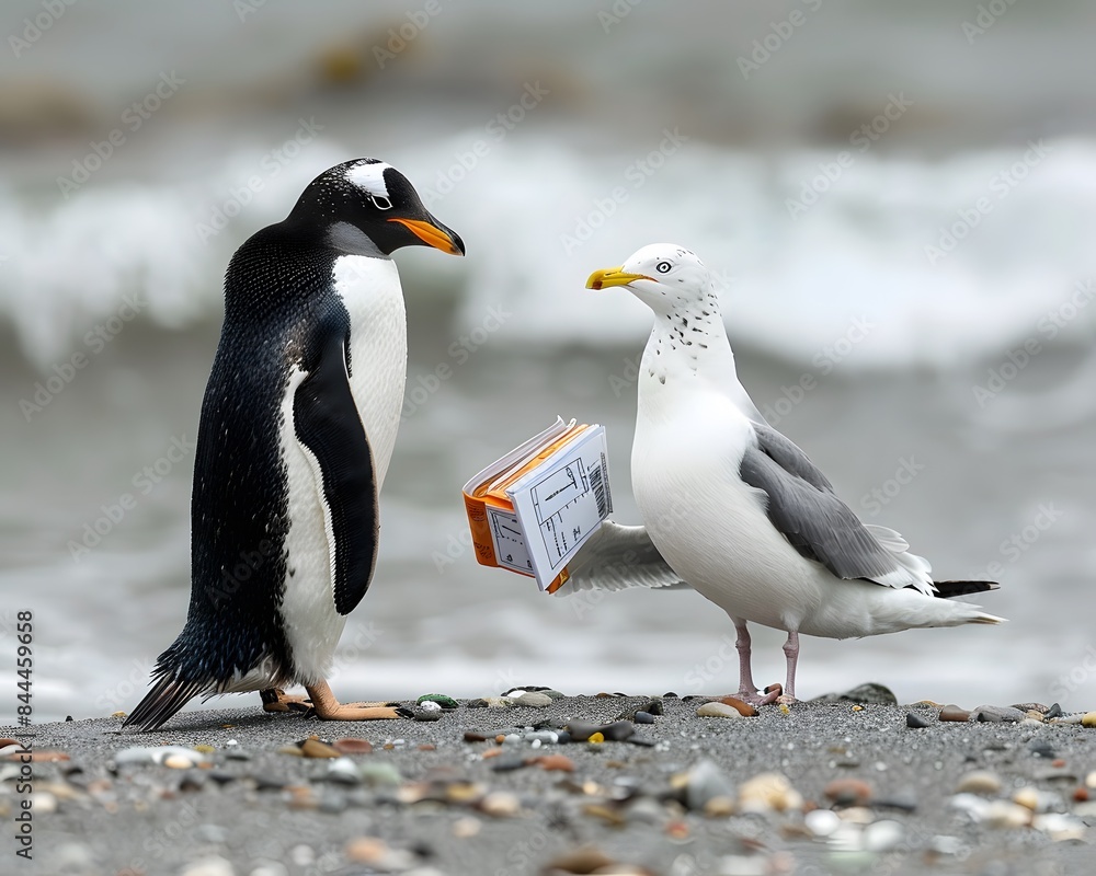 Fototapeta premium Illustration of Penguin arguing with a seagull over a golf rule, holding tiny rule books. Ai Generate.