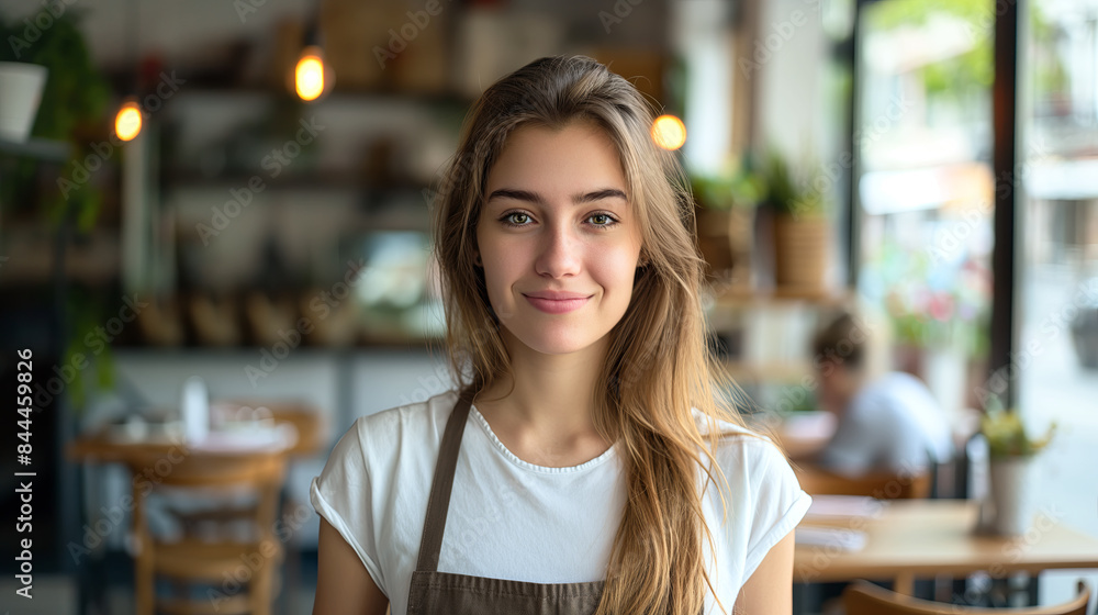 Smiling Young Female Barista Standing in a Cozy Cafe Interior Smiling Young Female Barista Standing in a Cozy Cafe Interior