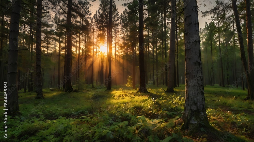 Fototapeta premium Sunrise view in a beautiful green forest landscape with long and crowded trees