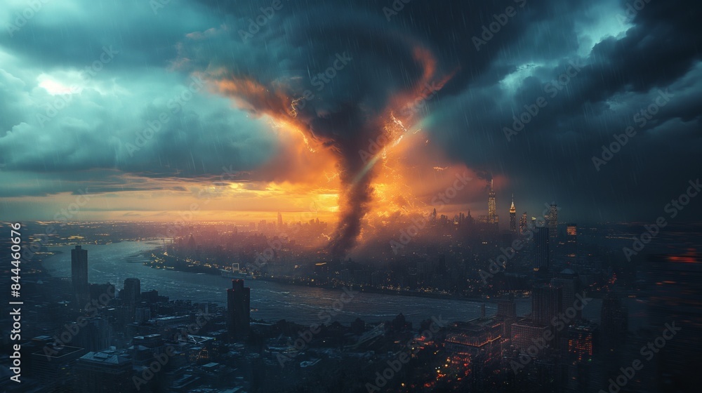 Fototapeta premium a huge twister tornado blow over urban city under black cloud sky
