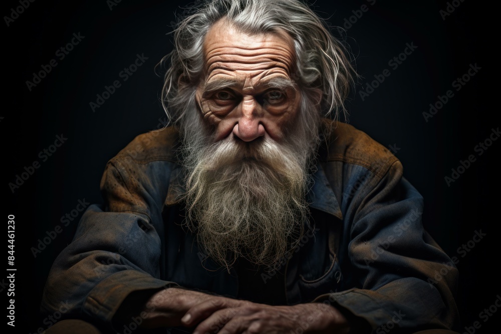 Dramatic portrait of a senior man with a long beard and expressive eyes on a dark background Dramatic portrait of a senior man with a long beard and expressive eyes on a dark background