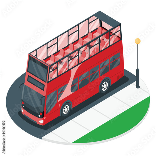 Red bus isolated double decker London UK England isometric vehicle icon set. 3D flat vector illustration. A bright red traditional London bus. city tourist urban UK art symbol 3d icon 3d sign. 2264
