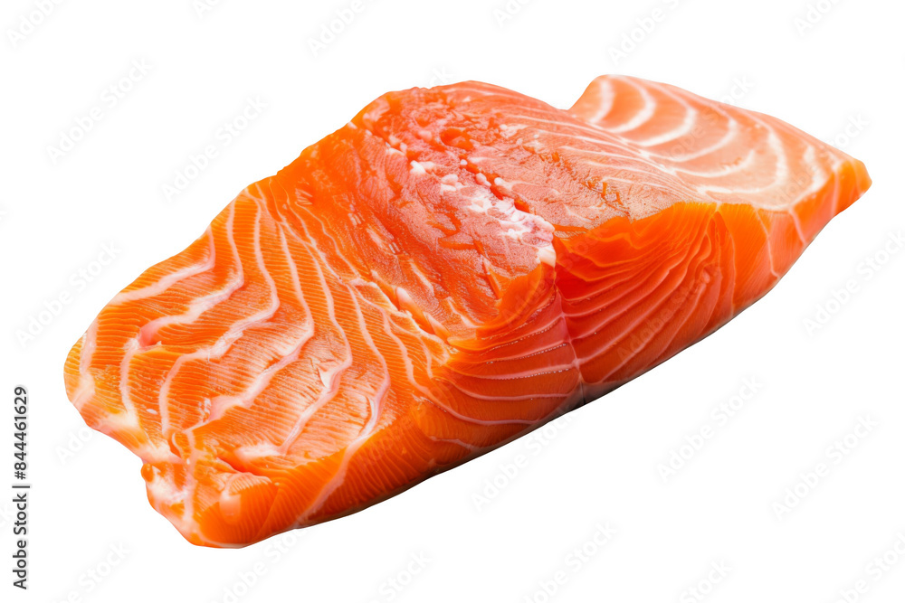 A piece of salmon is shown on a white background A piece of salmon is shown on a white background