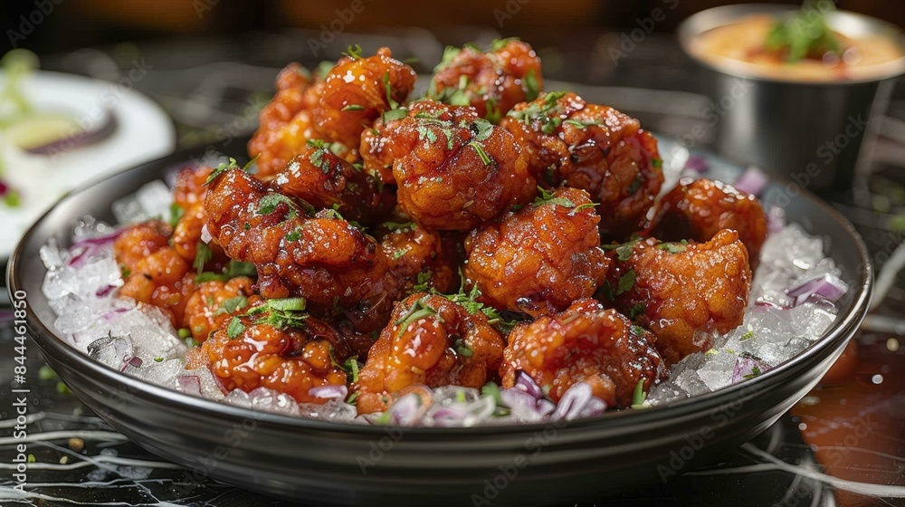 A plate of Chinese food with sauce and garnish on top. The dish is a mix of meat and vegetables, served in a bowl. The food is orange in color and has a savory flavor. A plate of Chinese food with sauce and garnish on top. The dish is a mix of meat and vegetables, served in a bowl. The food is orange in color and has a savory flavor.