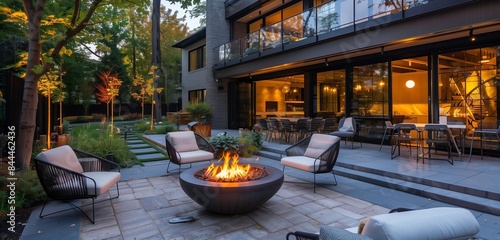 High-definition outdoor terrace with stylish furniture, glowing fire pit, and warm evening illumination.