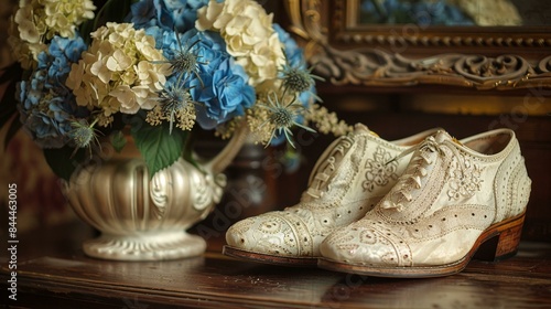 A pair of shoes with flowers in a vase on a table.