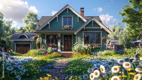 An elegant green craftsman house with white trim, a detached garage, and a vibrant flower garden photo