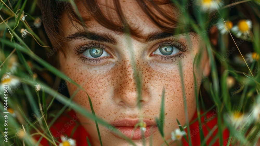 A close up of a girl with freckles and blue eyes, surrounded by grass and flowers. A close up of a girl with freckles and blue eyes, surrounded by grass and flowers.