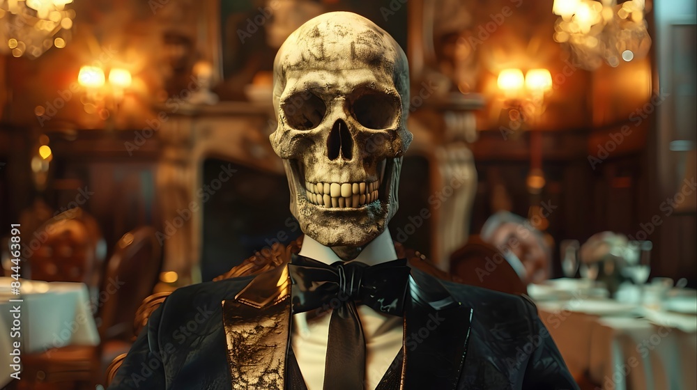 Elegant Skeletal Gentleman in Tuxedo Amid Dimly Lit Parlor Setting with Impressionist Aesthetics Elegant Skeletal Gentleman in Tuxedo Amid Dimly Lit Parlor Setting with Impressionist Aesthetics