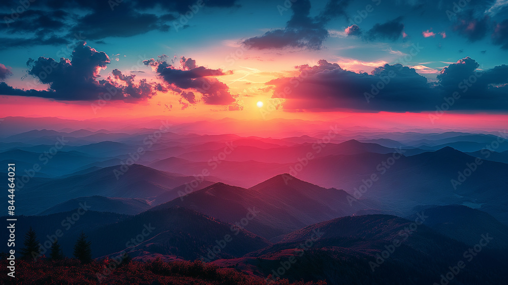 Fototapeta premium Mountain Sunset Sky View with Orange and Red Horizon
