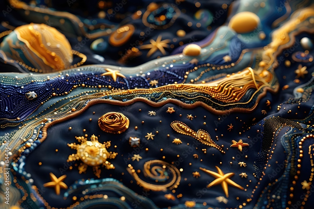 Obraz premium Ethereal Cosmic Embroidery:Glimmering Stars,Iridescent Planets,and Swirling Galaxies in a Dreamlike Celestial Tapestry