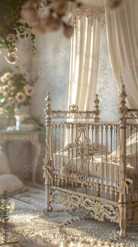 Enchanting Wrought-Iron Crib with Floral Motifs and Warm Wooden Accents in Cozy Nursery Setting © lertsakwiman