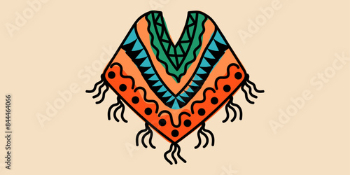 Colorful Doodle Mexican Poncho with ethnic ornament editable stroke. Vector hand drawn illustration in black, red, blue, orange and green colors. Isolated on beige background. Latin American culture