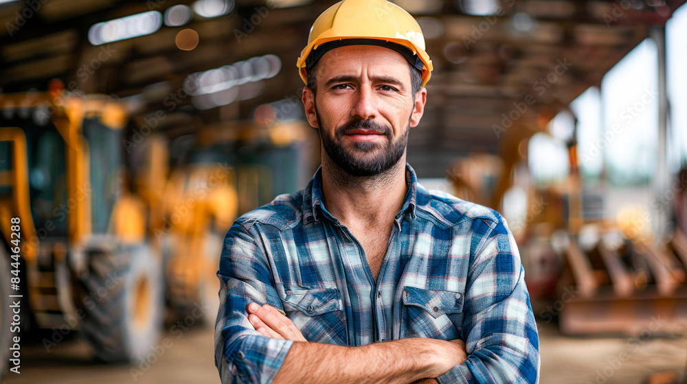 Obraz premium Construction worker wearing a yellow hard hat stands with his arms crossed, looking confidently at the camera