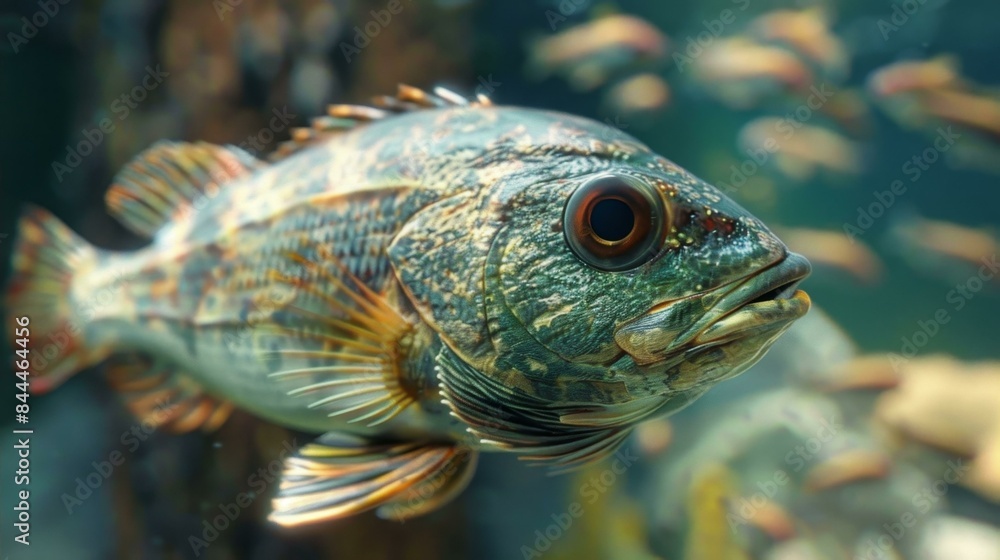 The fish is looking at the camera with its mouth open, and it has a long tail fin. The fish is surrounded by other fish in the water, creating a vibrant and lively scene. The fish is looking at the camera with its mouth open, and it has a long tail fin. The fish is surrounded by other fish in the water, creating a vibrant and lively scene.