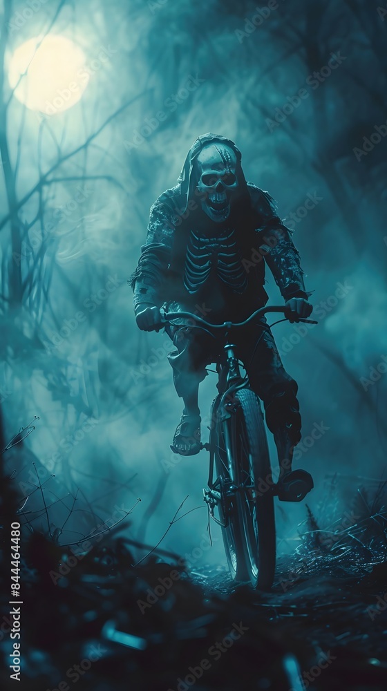Ghostly Skeletal Cyclist Shrouded in Mist and Moonlight,Haunting Surreal Impressionist Landscape Ghostly Skeletal Cyclist Shrouded in Mist and Moonlight,Haunting Surreal Impressionist Landscape