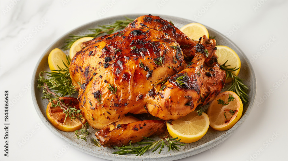 grilled chicken with vegetable and lemon on white background grilled chicken with vegetable and lemon on white background