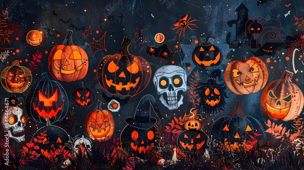 Haunting Halloween Embroidery Tapestry with Spooky Pumpkins and Eerie Silhouettes Against Moody Backdrop Haunting Halloween Embroidery Tapestry with Spooky Pumpkins and Eerie Silhouettes Against Moody Backdrop