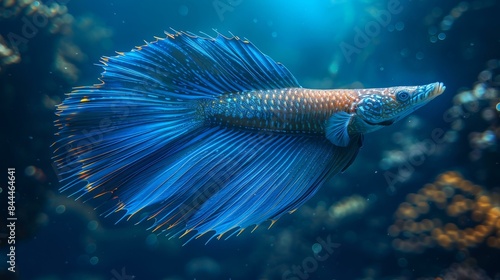 A blue and orange fish with a long tail swimming in the ocean. The fish has a blue body and orange fins, and it is surrounded by blue water. photo