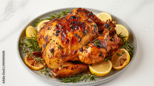grilled chicken with vegetable and lemon on white background
