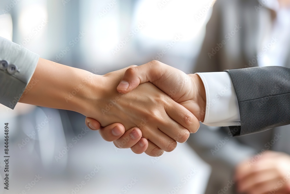 Two professionals in business attire shaking hands, sealing a deal. Two professionals in business attire shaking hands, sealing a deal.